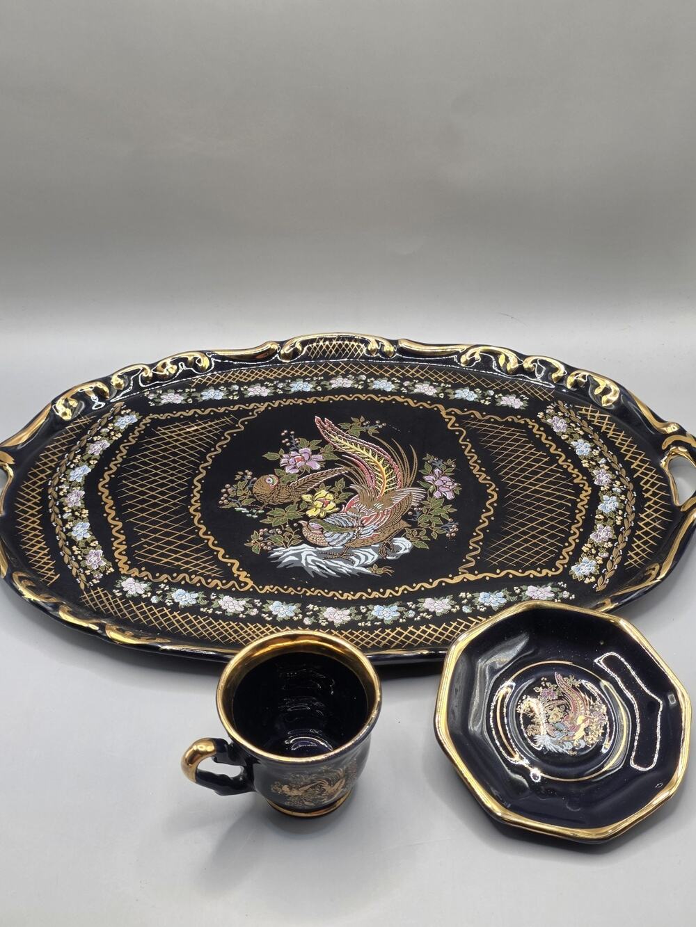 Vintage Hitit Seramik Black Porcelain Tray Cup Saucer Set Gold Gilt Peacock